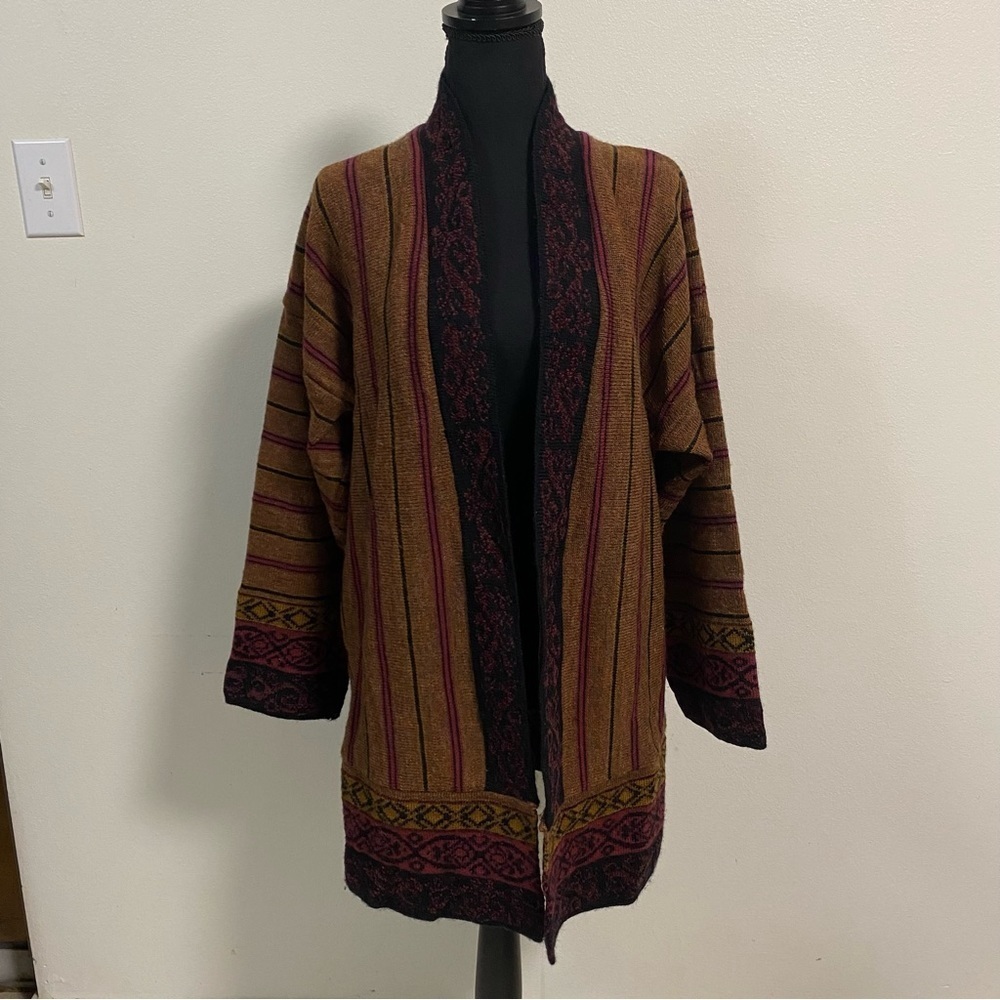Cherry Lewis Cardigan women’s large Brown Wool Blend Long Line Open Front